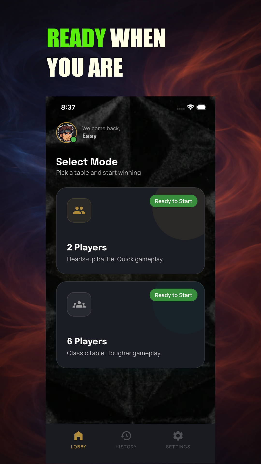 RummyEasy lobby screen showing game options