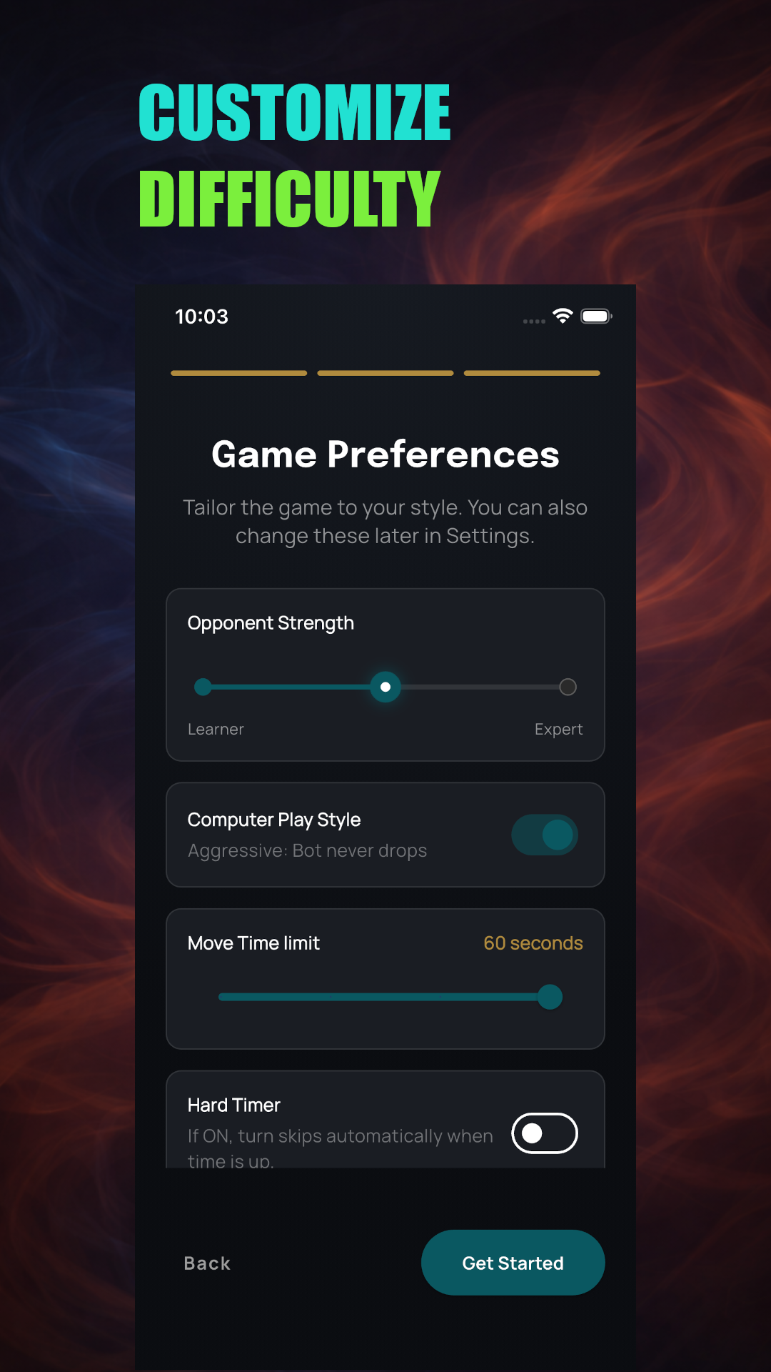 RummyEasy settings with customizable difficulty and sound options
