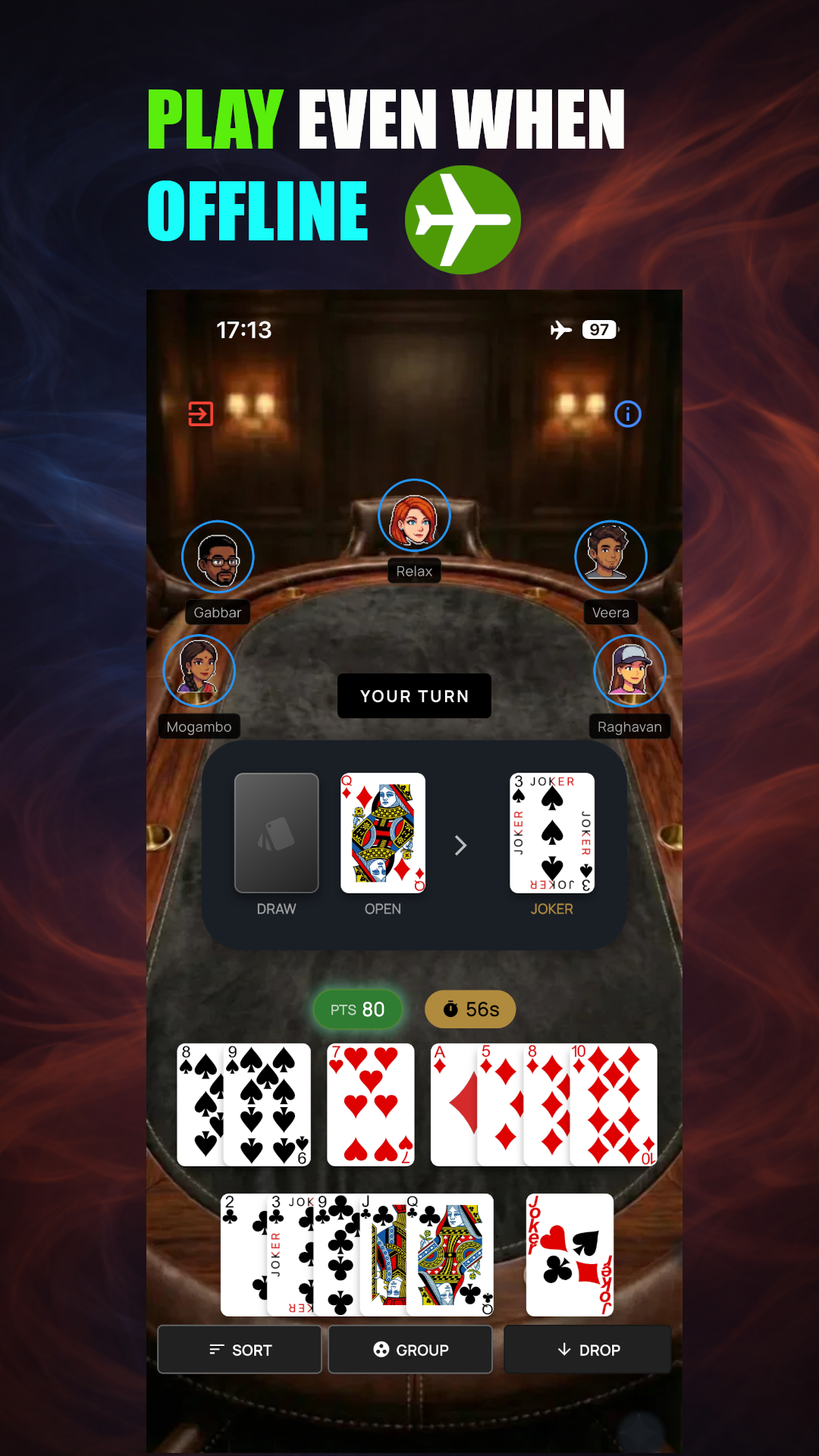 Playing RummyEasy offline on a flight — works without internet